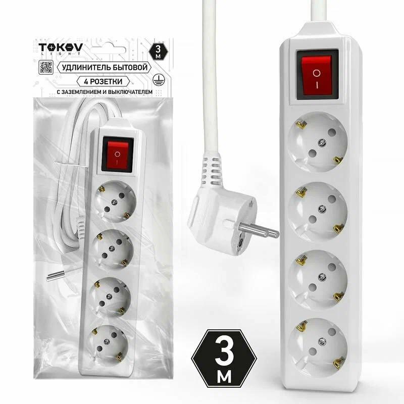Удлинитель 4х3м с заземл. 10А 3х1.5 TOKOV ELECTRIC TKL-C01-BU4-3-1.5-Z