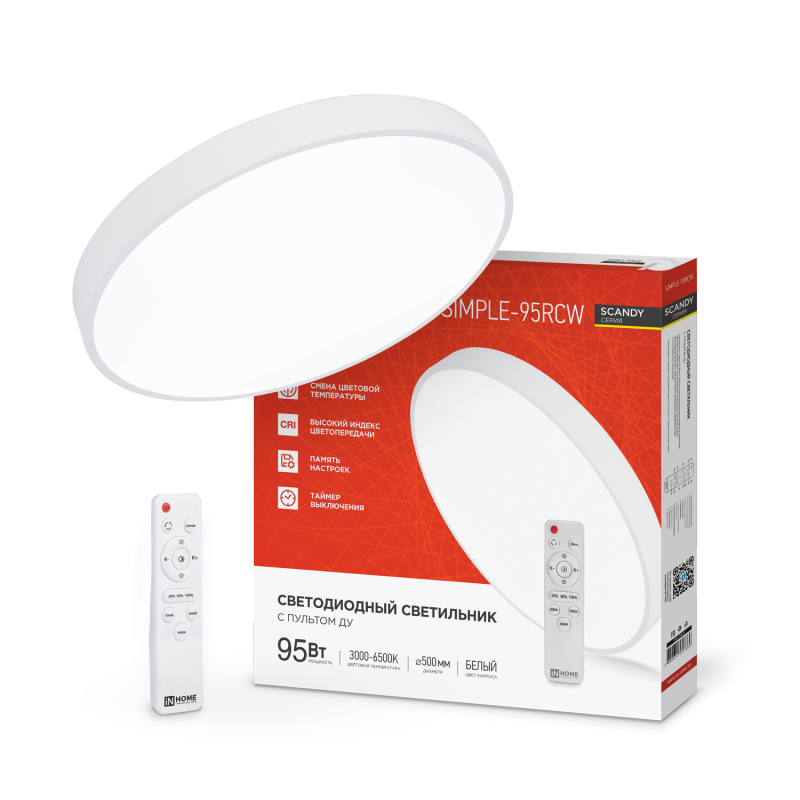Светильник диод Inhome SCANDY 95Вт SIMPLE-95RCB 3000-6500K 7600Лм 500x50мм пульт белый