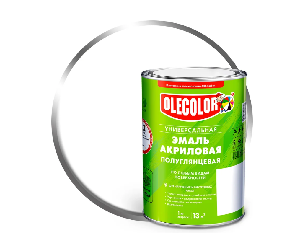 Эмаль акриловая универсальная полуглянцевая белый (0.9 кг) OLECOLOR (металлическая банка)