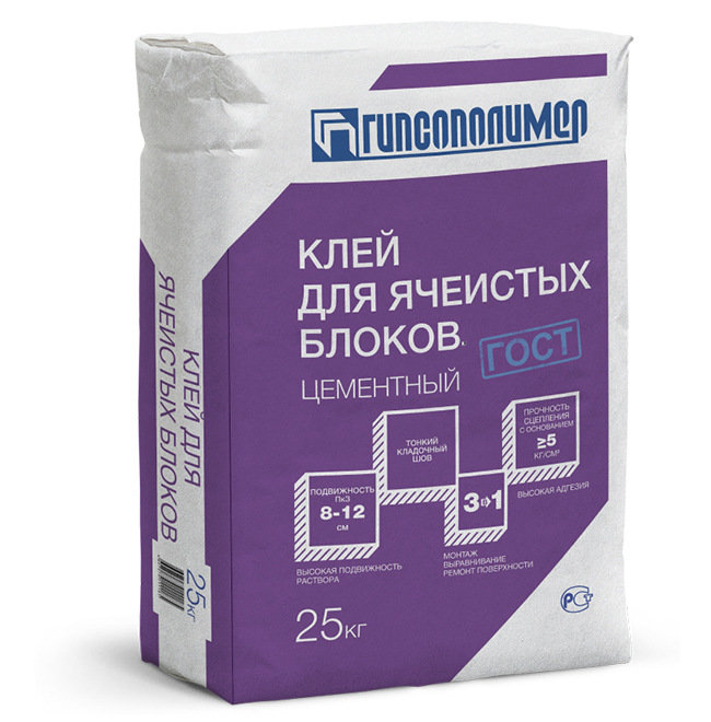Клей для ячеистых блоков цементный 25 кг ТМ Гипсополимер (1/56)