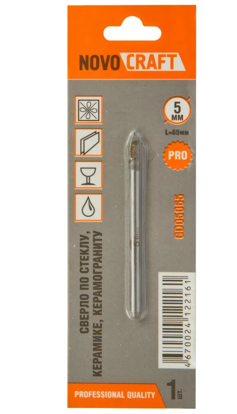 Сверло по стеклу и керамикe 5 мм, L 65 mm, Novocraft, (блистер 1 шт.)