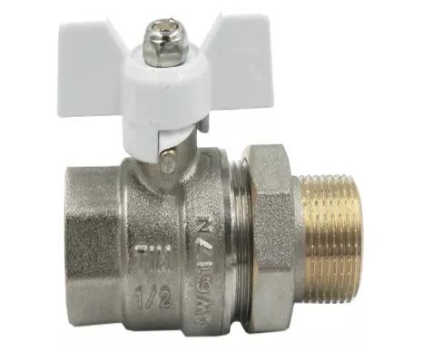 Кран шаровой бабочка 20 (3/4" г/ш) с американкой белая усиленный TIM