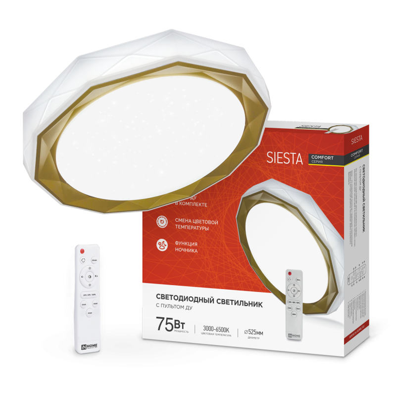 Светильник светодиодный управляемый COMFORT SIESTA 75Вт 230В 3000-6500K 6000Лм 525x90мм с пультом ДУ IN HOME (1/3)