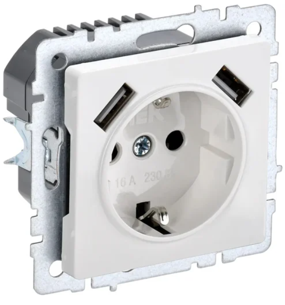 Розетка BRITE РЮш10-2-БрБ 16А с USB A+A 3.1А с заземл. защ. шторки бел. IEK BR-R14-16-U21-D31-K01