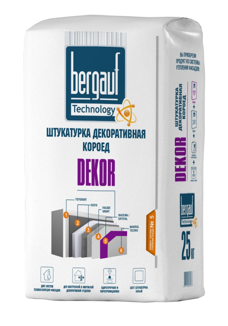 Штукатурка декоративная Короед Dekor Белая 25 кг. ТМ BERGAUF  (1/56шт)