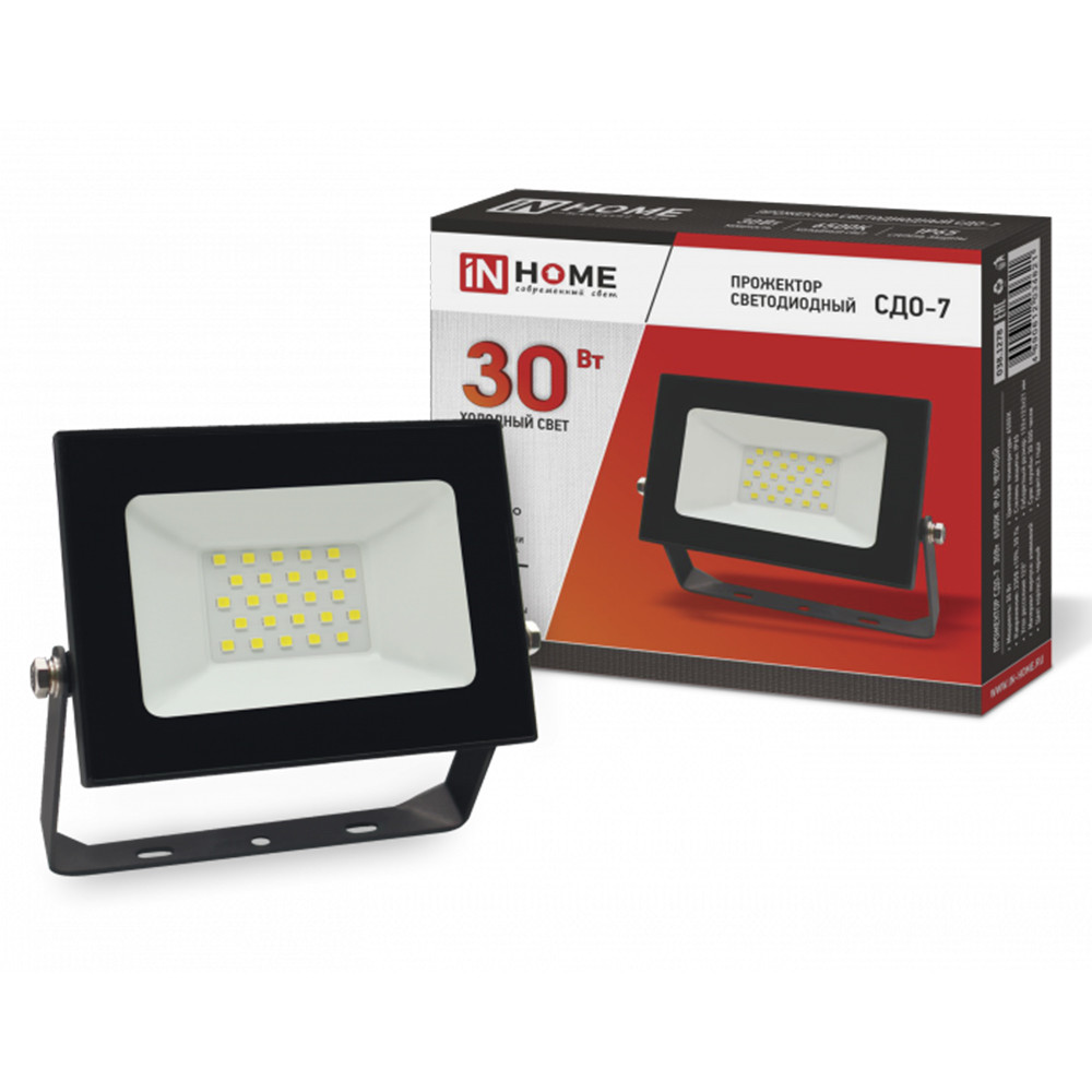 Прожектор светодиодный СДО-7 30Вт 6500К IP65 2700лм 230В черн. IN HOME
