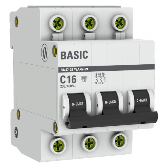 Автоматический выключатель 3Р 16А (С) 4,5кА ВА 47-29 EKF Basic