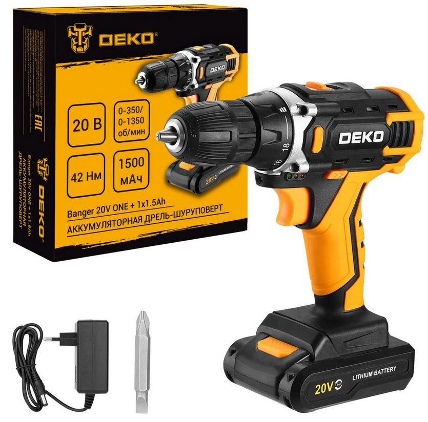Аккумуляторная дрель-шуруповерт DEKO Banger 20V ONE +, 20В, 1x1.5Ач