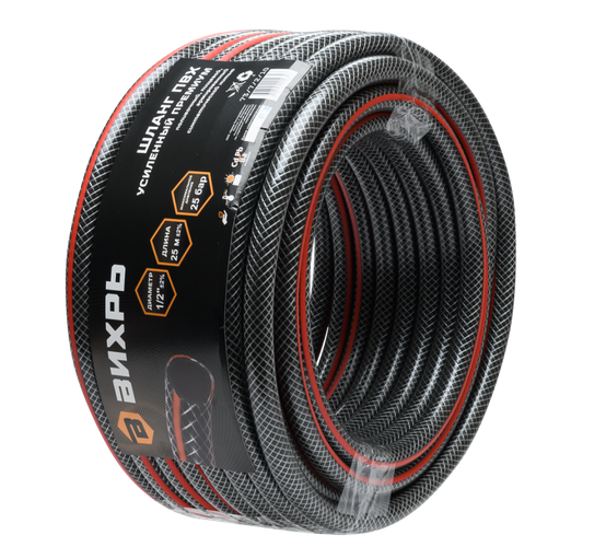 Шланг поливочный ПВХ усиленный премиум,пищевой трехслойный армированный 1/2, 25м (чёрн-красн) Вихрь