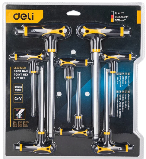 Набор шестигранных ключей с шаром с рукоятью Deli DL233208 8 шт  размеры 2x75 мм/2,5x75 мм/3x100 мм/4x100 мм/5x150 мм/6x150  мм/8x200 мм/10x200 мм