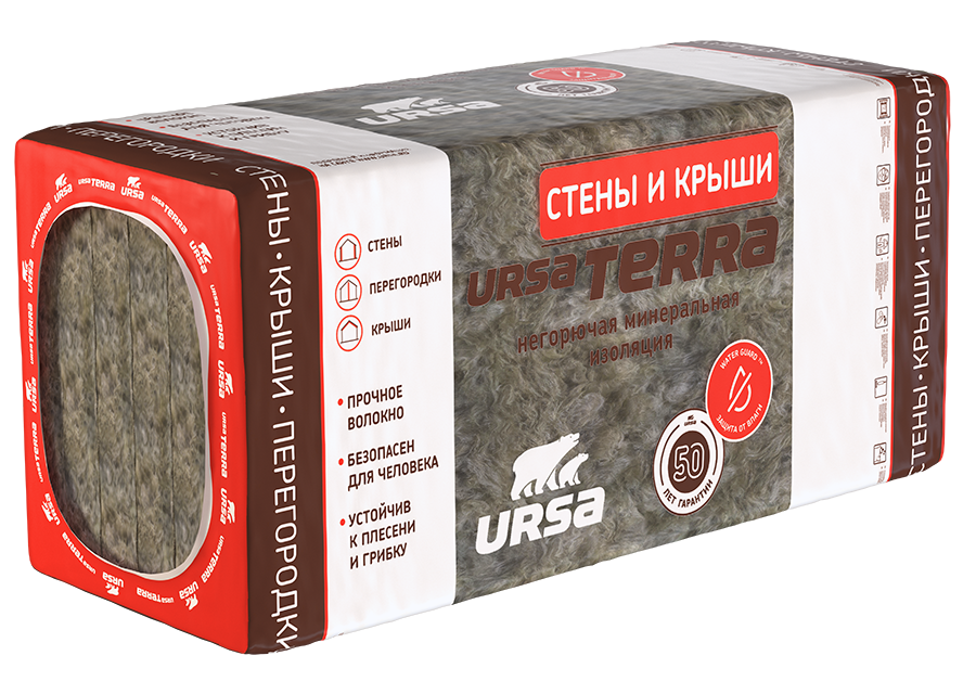 Утеплитель на основе стекловолокна Terra 36PN-5 (100*610*1250) (3,8125 м2 0,381 м3) 5 шт/уп ТМ URSA 