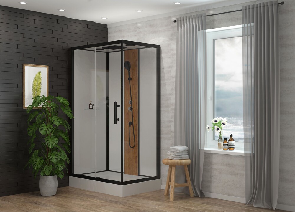 Душевая кабина EvaGold 1806B-S 80*120*215 120/1 бамбук,низ.поддон,профиль Чёрный,полка,белая задн.стенка,прозр.стёкла,4к.