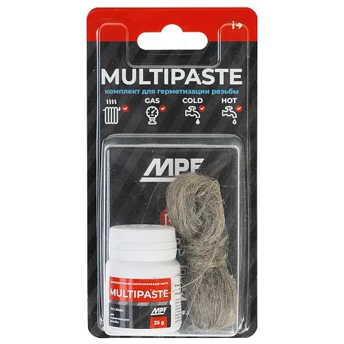 Комплект паста уплотнительная универсальная (вода, газ, 25г) MULTIPASTE + лён Premium, МР