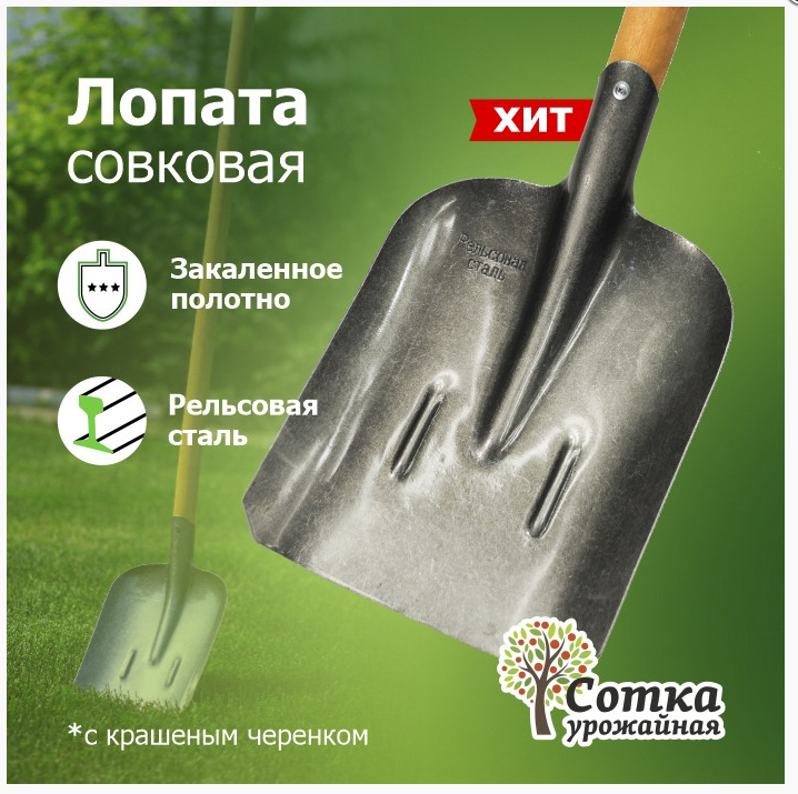 Лопата совковая ЛСП рельс.сталь с ребр жест с краш. деревян. черенк., Урожайная сотка