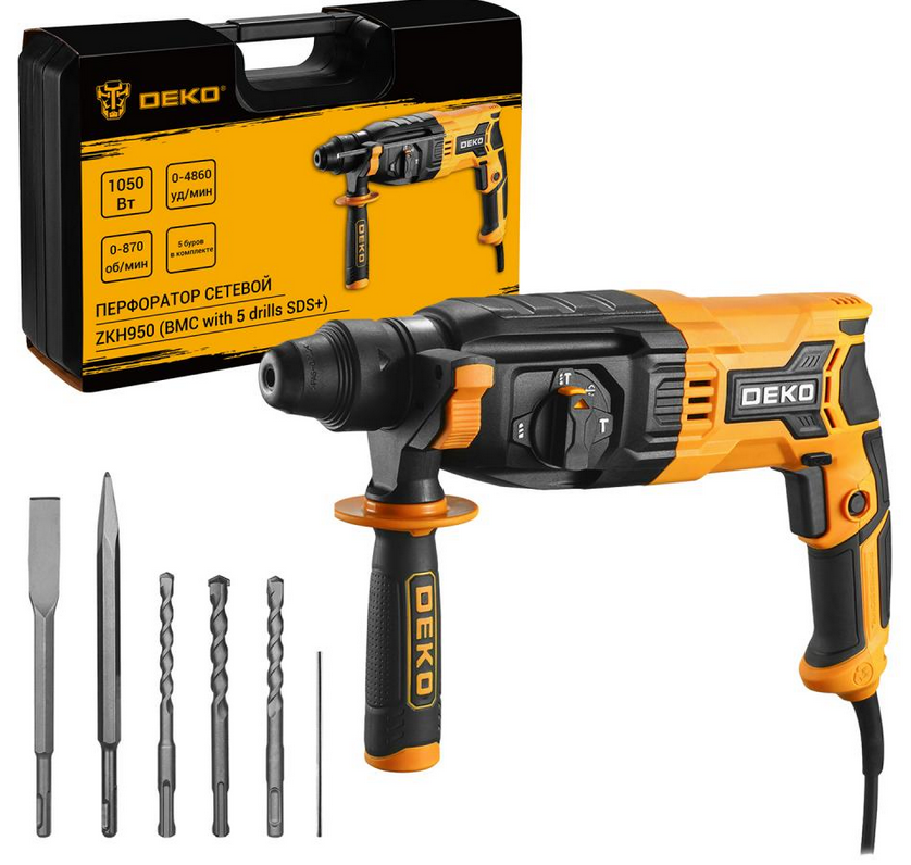 Перфоратор сетевой DEKO ZKH950 в кейсе с набором из 5 буров SDS+, 1050 Вт
