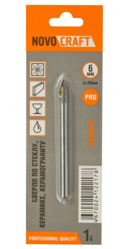 Сверло по стеклу и керамикe 6 мм, L 70 mm, Novocraft, (блистер 1 шт.)
