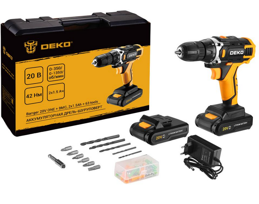 Аккумуляторная дрель-шуруповерт DEKO Banger 20V ONE + в кейсе + набор 63 инструмента для дома, 20В, 2х1.5Ач