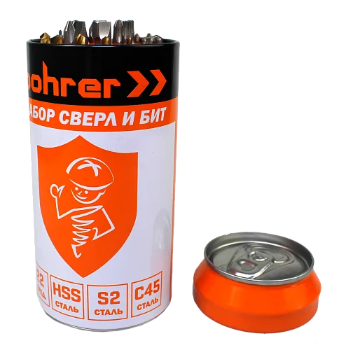Набор Bohrer в виде металл. пивной банки: биты S2 (8шт + адаптер),сверла (по металл 5шт;бетон 4шт;дерево 4шт)(22 предмета) (12/1)