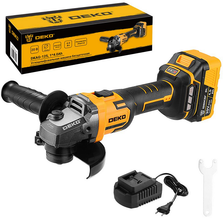 Углошлифовальная машина бесщеточная DEKO DKAG-125, 20В, 1*4.0Ач